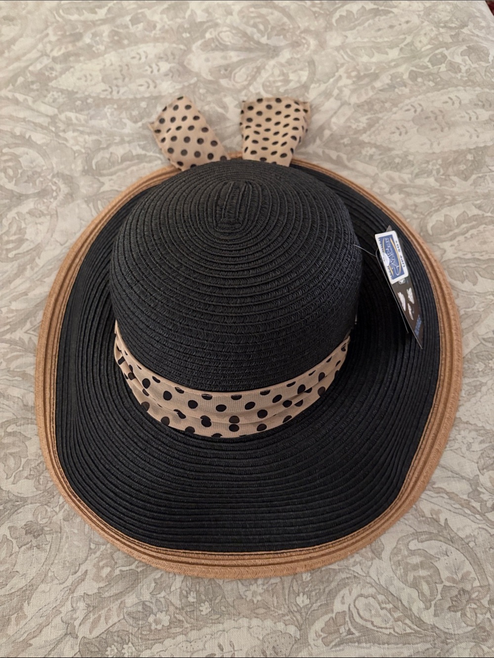 Women's Black Sun Hat with Tan Polka Dot Ribbon